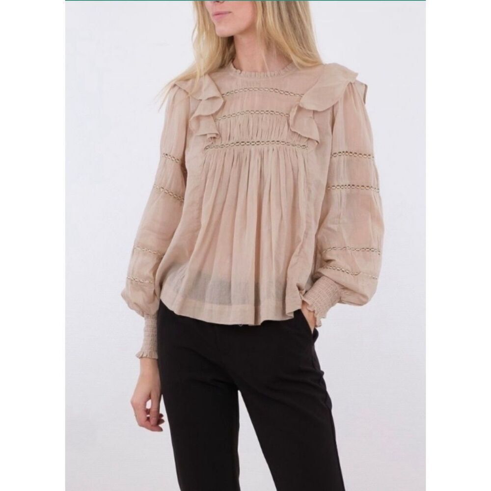 NEO NOIR Aurika S Voile Blouse Ruffle Cotton Long Sleeve Womens Size US 4 EUC 34
